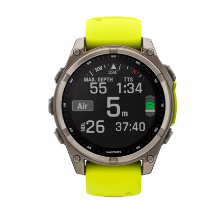 Смарт-годинник Garmin Fenix 8 47мм, Solar Sapphire, Titanium з Amp Yellow/Graphite жовтим силіконовим ремінцем