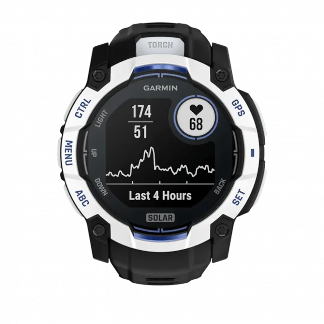 Смарт-годинник Garmin Instinct 3 50 мм, Solar Whitestone білий з Black/Bolt Blue чорним/синім силіконовим ремінцем