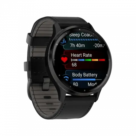 Смарт-годинник Garmin Venu 3 Slate stainless steel bezel з чорним корпусом та шкіряним ремінцем