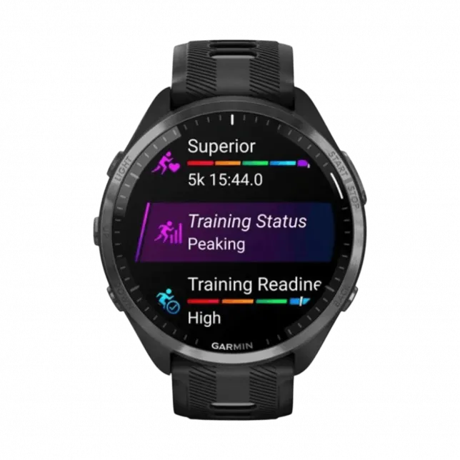 Смарт-годинник Garmin Forerunner 965 Carbon Grey DLC Titanium Bezel з чорним корпусом та Black/Powder Grey силіконовим ремінцем