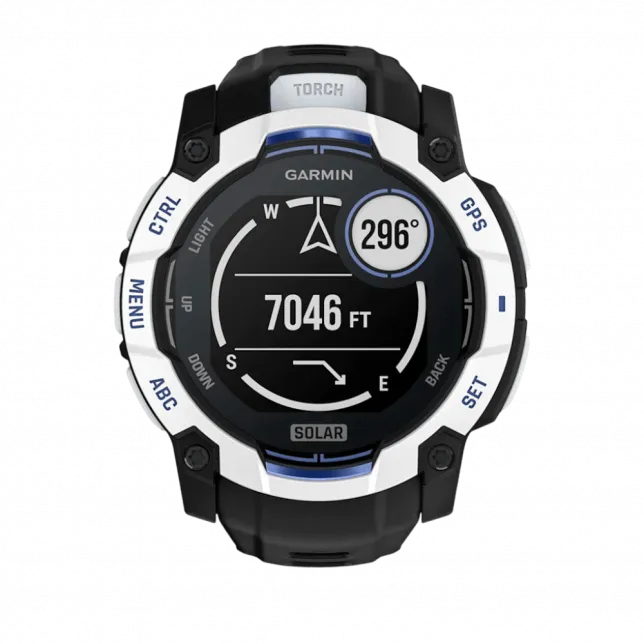 Смарт-годинник Garmin Instinct 3 50 мм, Solar Whitestone білий з Black/Bolt Blue чорним/синім силіконовим ремінцем