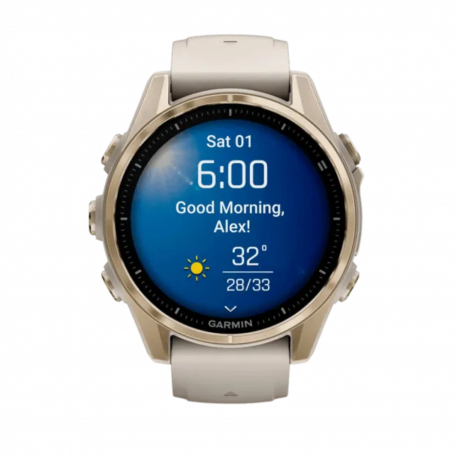Смарт-годинник Garmin Fenix 8 43мм, AMOLED Sapphire, Soft Gold з Fog Gray/Dark Sandstone сірим силіконовим ремінцем
