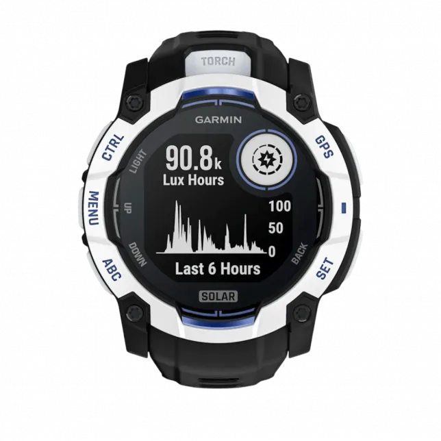 Смарт-годинник Garmin Instinct 3 50 мм, Solar Whitestone білий з Black/Bolt Blue чорним/синім силіконовим ремінцем