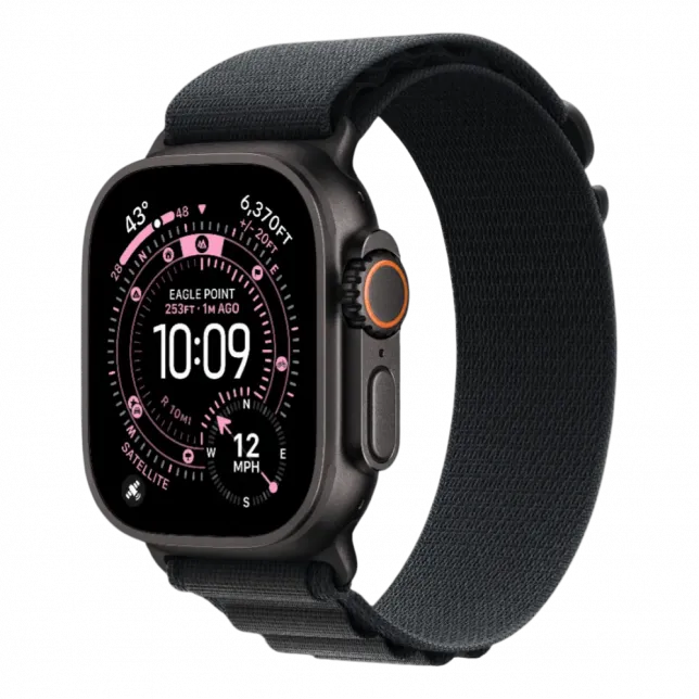 Apple Watch Ultra 3 GPS + LTE, 49mm Black Titanium Case with Black Alpine Loop - Small