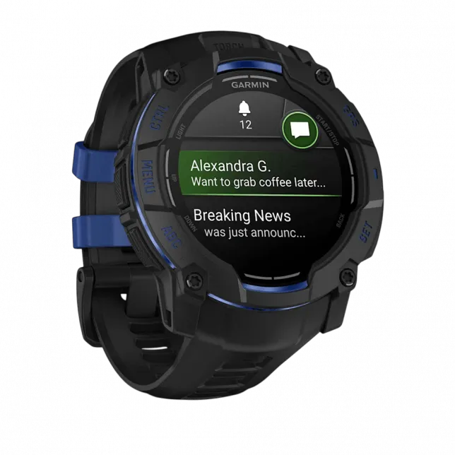 Смарт-годинник Garmin Instinct 3 50 мм, AMOLED Black чорний з Black/Bolt Blue чорним/синім силіконовим ремінцем