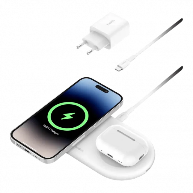 Зарядний пристрій бездротовий Belkin 2в1 15W Pad Qi2, White