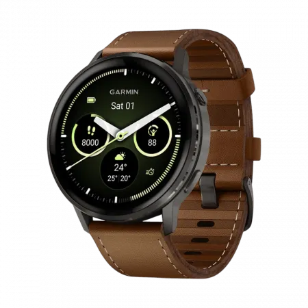 Смарт-годинник Garmin Venu 4 45 мм Slate з Black чорним силіконовим та Brown коричневим шкіряним ремінцями