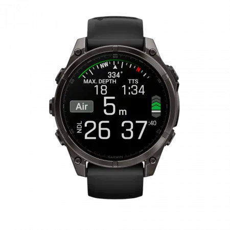 Смарт-годинник Garmin Fenix 8 47мм, AMOLED Sapphire, Carbon Grey DLC Titanium з Black/Pebble Grey чорним силіконовим ремінцем