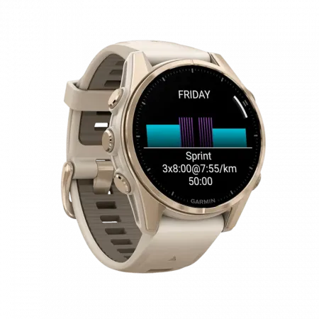 Смарт-годинник Garmin Fenix 8 43мм, AMOLED Sapphire, Soft Gold з Fog Gray/Dark Sandstone сірим силіконовим ремінцем