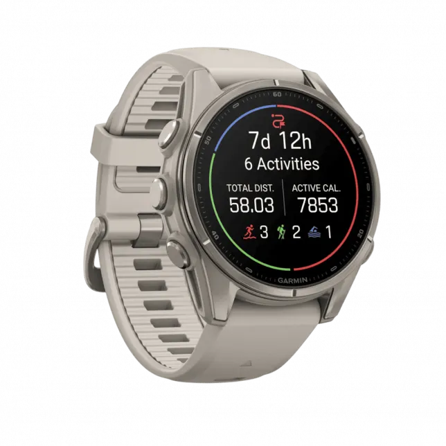 Смарт-годинник Garmin Fenix 9 43мм, Titanium з Fog Gray сірим силіконовим ремінцем