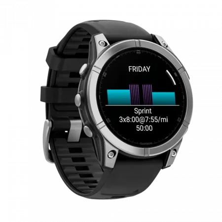 Смарт-годинник Garmin Fenix E 47мм, AMOLED Stainless Steel з чорним силіконовим ремінцем