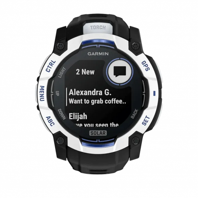 Смарт-годинник Garmin Instinct 3 50 мм, Solar Whitestone білий з Black/Bolt Blue чорним/синім силіконовим ремінцем