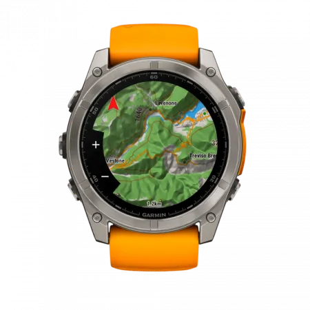 Смарт-годинник Garmin Fenix 8 51мм, AMOLED Sapphire, Titanium з Spark Orange/Graphite помаранчевим силіконовим ремінцем