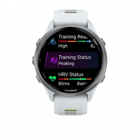 Смарт-годинник Garmin Forerunner 970 Titanium з Whitestone корпусом та Whitestone/Translucent Amp Yellow білим силіконовим ремінцем