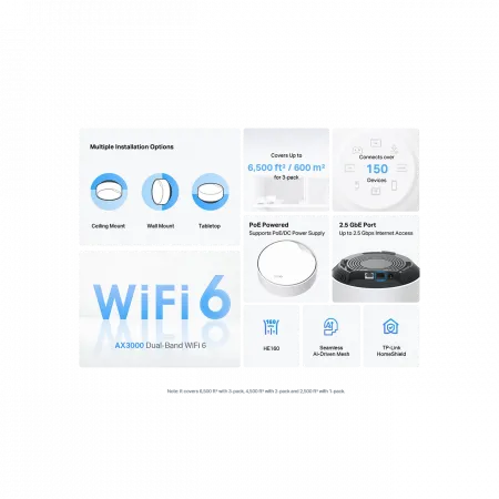 Система WiFi-Mesh TP-LINK Deco X50 AX3000, 1xGE LAN/WAN, 1x2,5GE LAN/WAN, 3мод, PoE