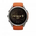 Смарт-годинник Garmin Fenix 9 Pro - inReach, 51мм Titanium з Autumn Orange/Spark Orange помаранчевим силіконовим ремінцем