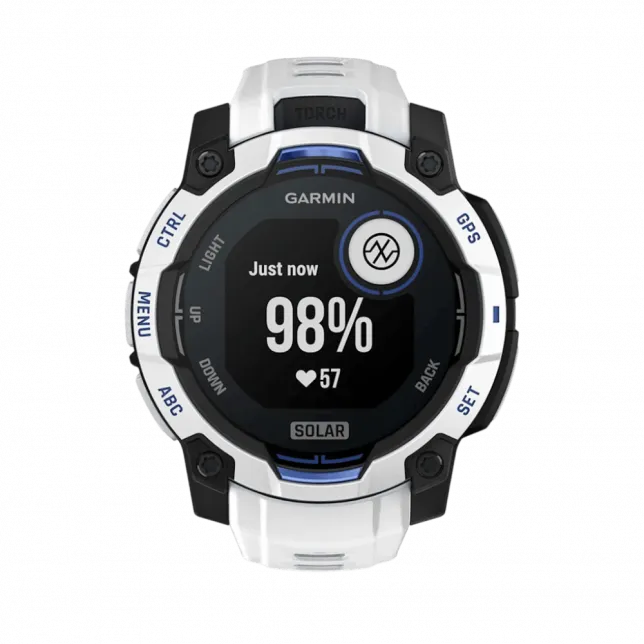 Смарт-годинник Garmin Instinct 3 45 мм, Solar Whitestone білий з Whitestone/Bolt Blue білим/синім силіконовим ремінцем