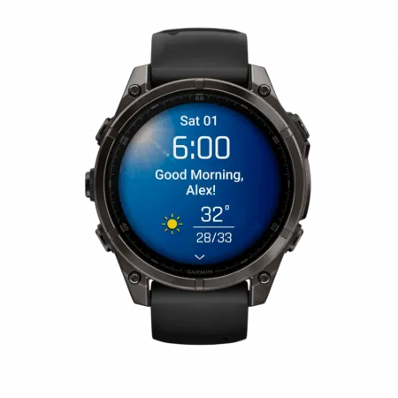 Смарт-годинник Garmin Fenix 8 47мм, AMOLED Sapphire, Carbon Grey DLC Titanium з Black/Pebble Grey чорним силіконовим ремінцем