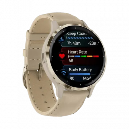 Смарт-годинник Garmin Venu 3S Soft Gold Stainless Steel Bezel з French Gray сірим корпусом та шкіряним ремінцем
