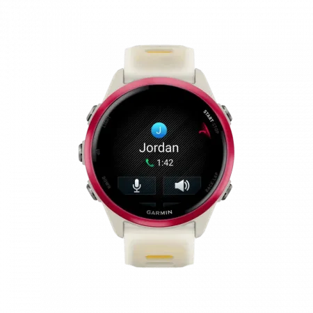 Смарт-годинник Garmin Forerunner 570 42мм Raspberry Aluminum з Translucent Bone/Mango світло-бежевим силіконовим ремінцем