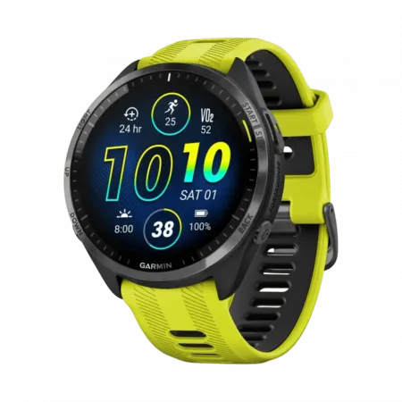 Смарт-годинник Garmin Forerunner 965 Carbon Grey DLC Titanium Bezel з чорним корпусом та Amp Yellow/Black силіконовим ремінцем