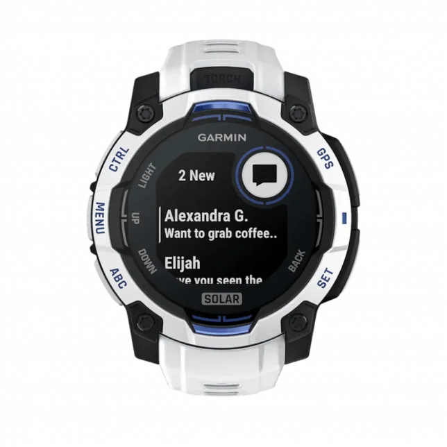 Смарт-годинник Garmin Instinct 3 45 мм, Solar Whitestone білий з Whitestone/Bolt Blue білим/синім силіконовим ремінцем