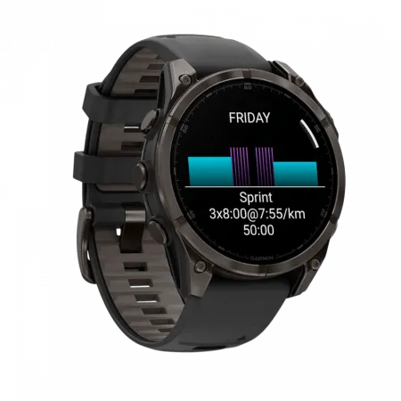 Смарт-годинник Garmin Fenix 8 47мм, AMOLED Sapphire, Carbon Grey DLC Titanium з Black/Pebble Grey чорним силіконовим ремінцем