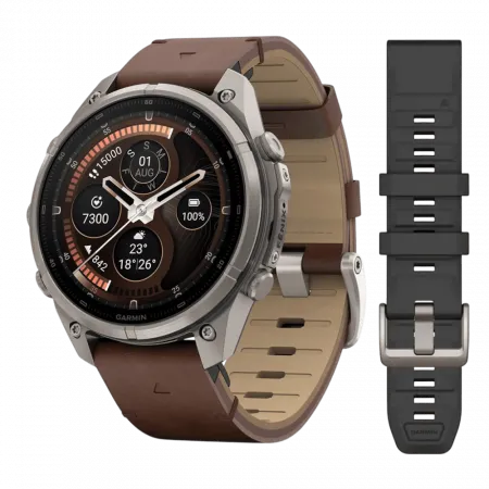 Смарт-годинник Garmin Fenix 9 Pro - inReach, 47мм Titanium з Walnut коричневим шкіряним ремінцем