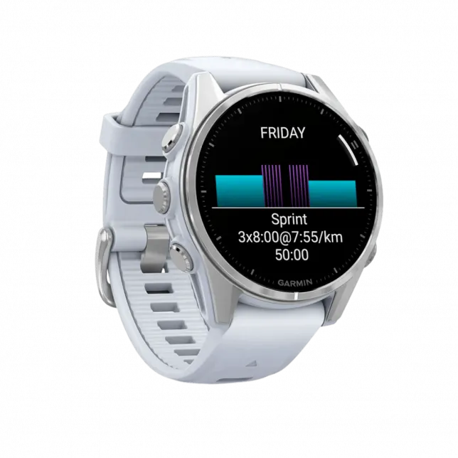 Смарт-годинник Garmin Fenix 8 43мм, AMOLED Silver з Whitestone білим силіконовим ремінцем