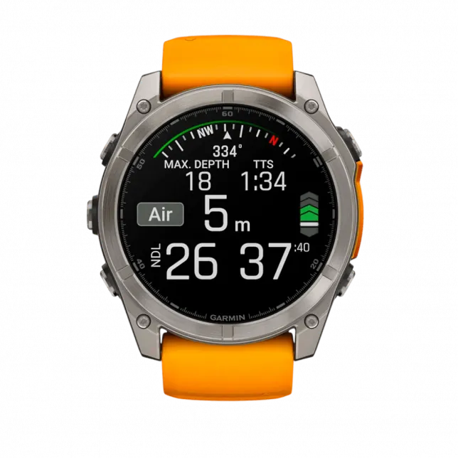 Смарт-годинник Garmin Fenix 8 51мм, AMOLED Sapphire, Titanium з Spark Orange/Graphite помаранчевим силіконовим ремінцем