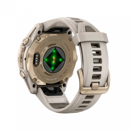 Смарт-годинник Garmin Fenix 8 43мм, AMOLED Sapphire, Soft Gold з Fog Gray/Dark Sandstone сірим силіконовим ремінцем