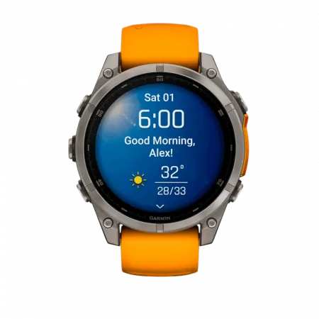 Смарт-годинник Garmin Fenix 8 47мм, AMOLED Sapphire, Titanium з Spark Orange/Graphite помаранчевим силіконовим ремінцем