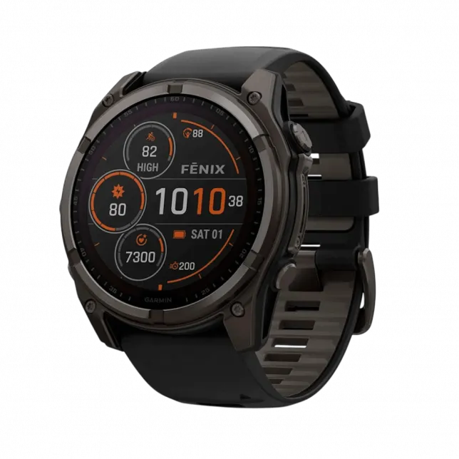 Смарт-годинник Garmin Fenix 8 51мм, Solar Sapphire, Carbon Gray DLC Titanium з Black/Pebble Gray чорним силіконовим ремінцем