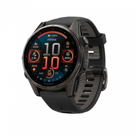 Смарт-годинник Garmin Fenix 8 43мм, AMOLED Sapphire, Carbon Grey DLC Titanium з Black/Pebble Grey чорним силіконовим ремінцем