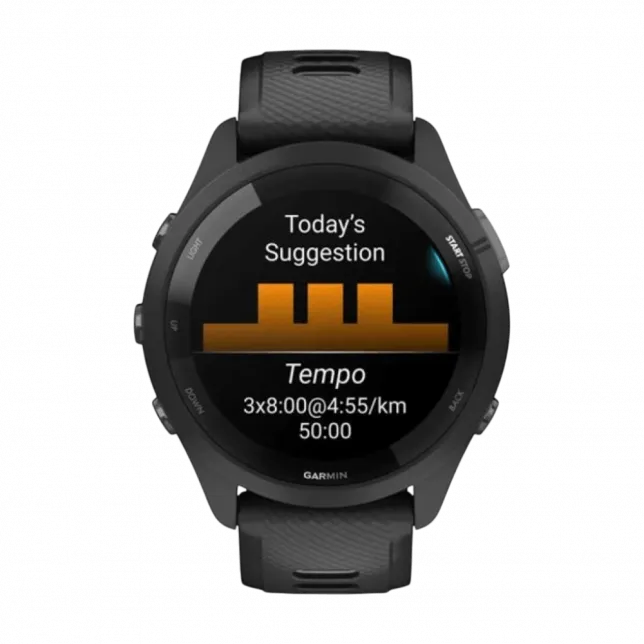 Смарт-годинник Garmin Forerunner 265 з чорним корпусом та Black/Powder Gray чорним силіконовим ремінцем