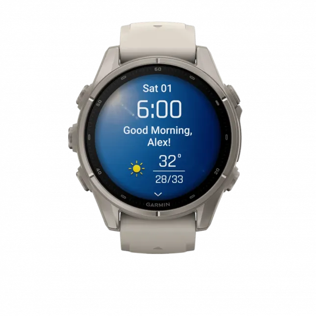 Смарт-годинник Garmin Fenix 9 43мм, Titanium з Fog Gray сірим силіконовим ремінцем