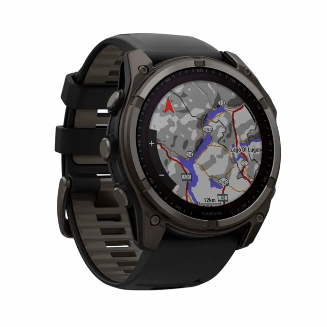 Смарт-годинник Garmin Fenix 8 51мм, Solar Sapphire, Carbon Gray DLC Titanium з Black/Pebble Gray чорним силіконовим ремінцем