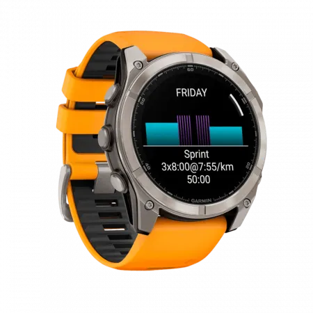 Смарт-годинник Garmin Fenix 8 51мм, AMOLED Sapphire, Titanium з Spark Orange/Graphite помаранчевим силіконовим ремінцем