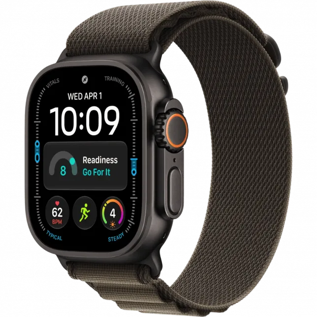 Apple Watch Ultra 4 GPS + LTE 49mm Black Titanium Case with Dark Olive Alpine Loop - Large (MJCT4+MKDY4)