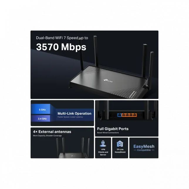 Маршрутизатор TP-LINK Archer BE220 BE3600, 4xGE LAN, 1xGE WAN, MESH