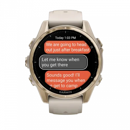Смарт-годинник Garmin Fenix 8 43мм, AMOLED Sapphire, Soft Gold з Fog Gray/Dark Sandstone сірим силіконовим ремінцем