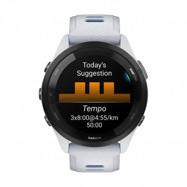 Смарт-годинник Garmin Forerunner 265 з Whitestone корпусом та Whitestone/Tidal Blue білим силіконовим ремінцем