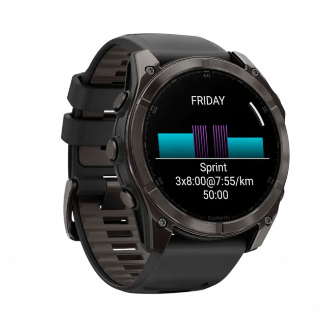 Смарт-годинник Garmin Fenix 8 51мм, AMOLED Sapphire, Carbon Grey DLC Titanium з Black/Pebble Grey чорним силіконовим ремінцем