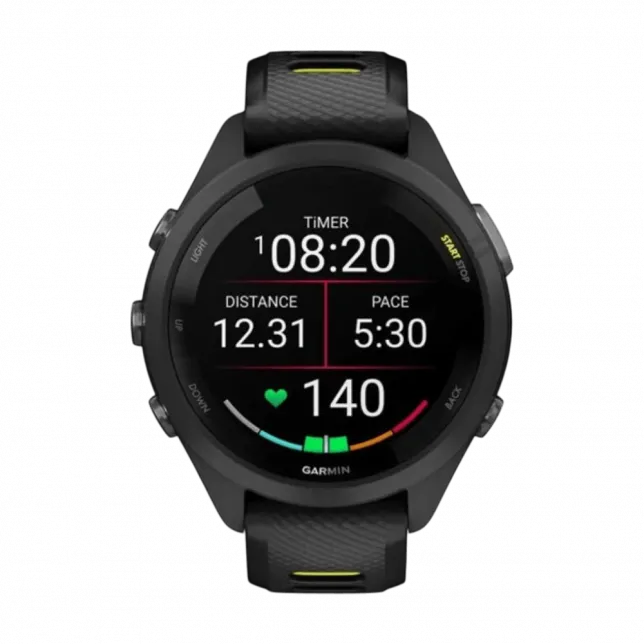 Смарт-годинник Garmin Forerunner 265S з чорним корпусом та Black/Amp Yellow чорним силіконовим ремінцем
