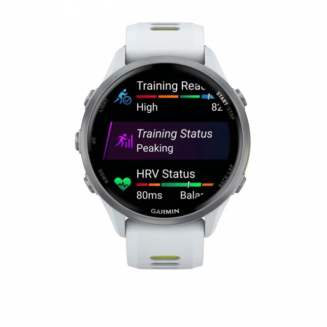 Смарт-годинник Garmin Forerunner 970 Titanium з Whitestone корпусом та Whitestone/Translucent Amp Yellow білим силіконовим ремінцем