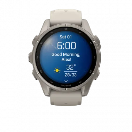 Смарт-годинник Garmin Fenix 9 43мм, Titanium з Fog Gray сірим силіконовим ремінцем