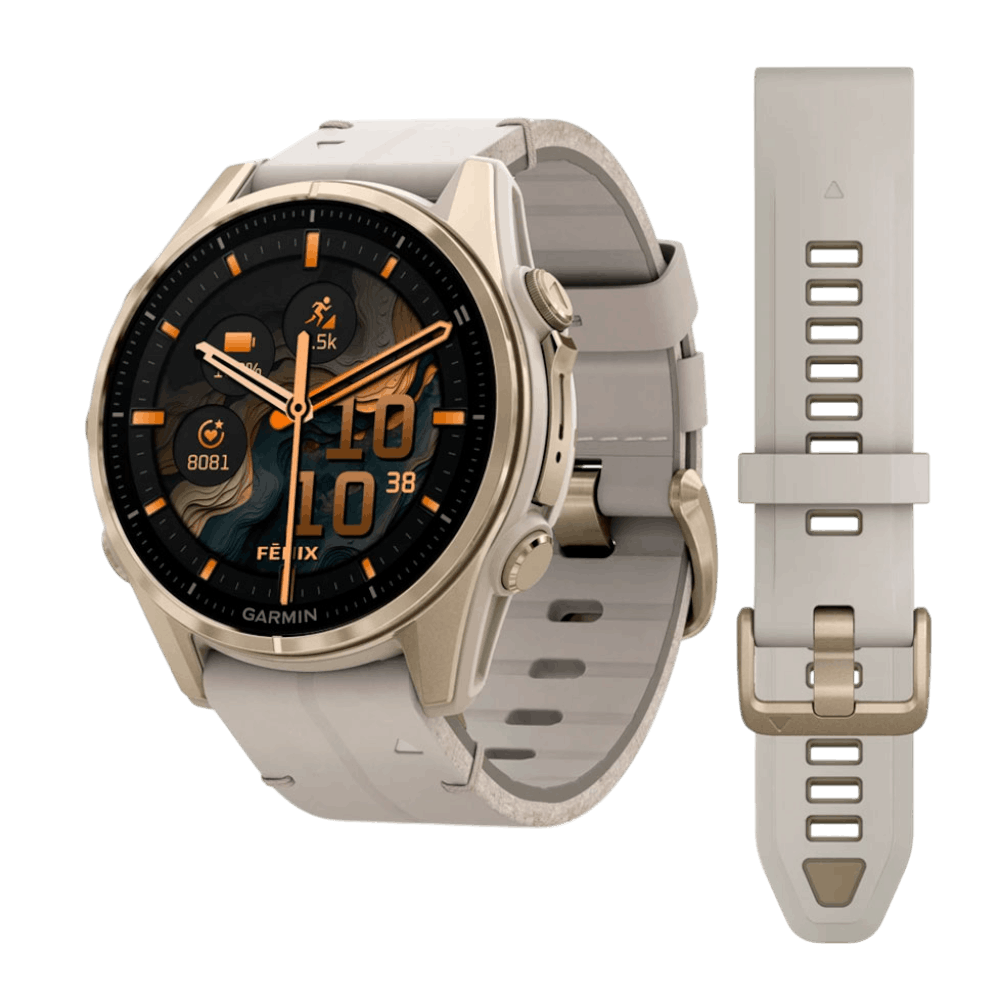 Смарт-годинник Garmin Fenix 8 43мм, AMOLED Sapphire, Soft Gold з Limestone сірим шкіряним ремінцем