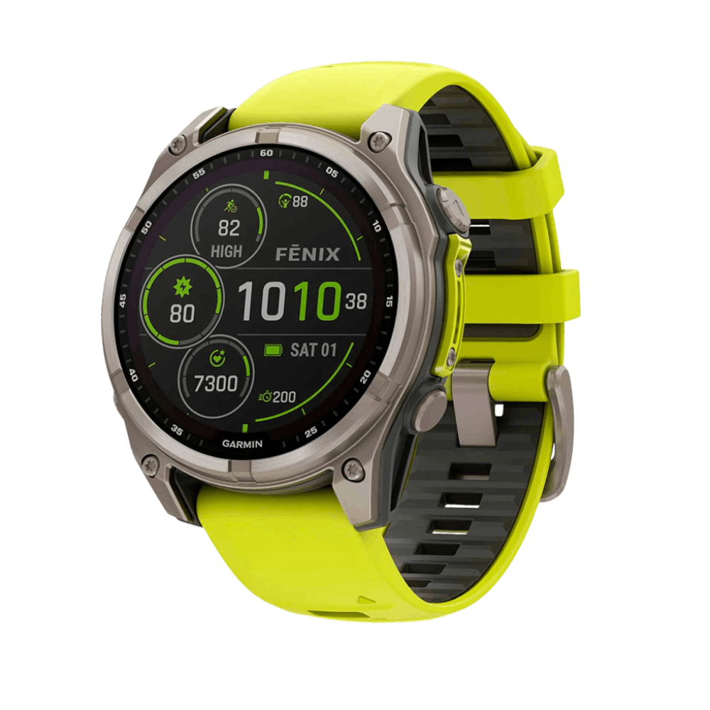 Смарт-годинник Garmin Fenix 8 47мм, Solar Sapphire, Titanium з Amp Yellow/Graphite жовтим силіконовим ремінцем