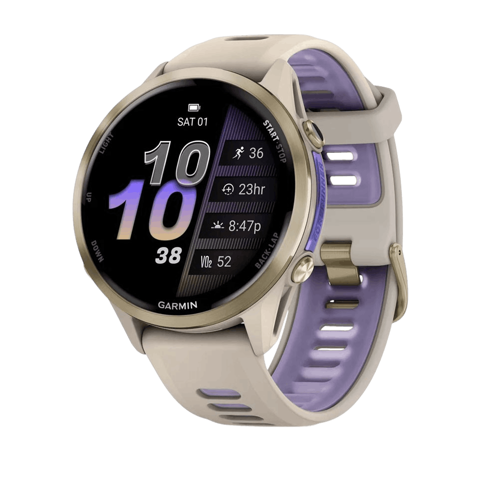 Смарт-годинник Garmin Forerunner 970 Soft Gold Titanium з French Grey корпусом та French Grey/Translucent Indigo сірим силіконовим ремінцем