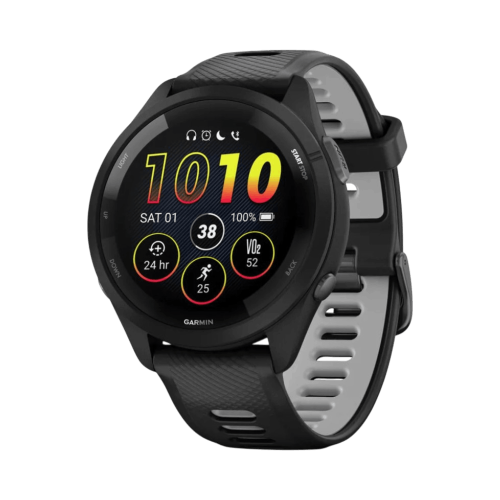 Смарт-годинник Garmin Forerunner 265 з чорним корпусом та Black/Powder Gray чорним силіконовим ремінцем